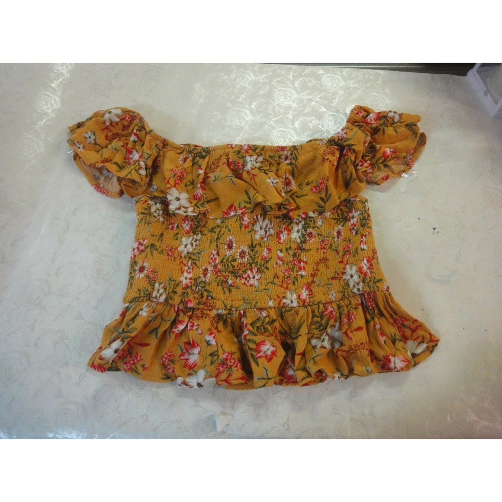 B O G collective womens juniors S mustard flowers off the shoulder crop top NWT
